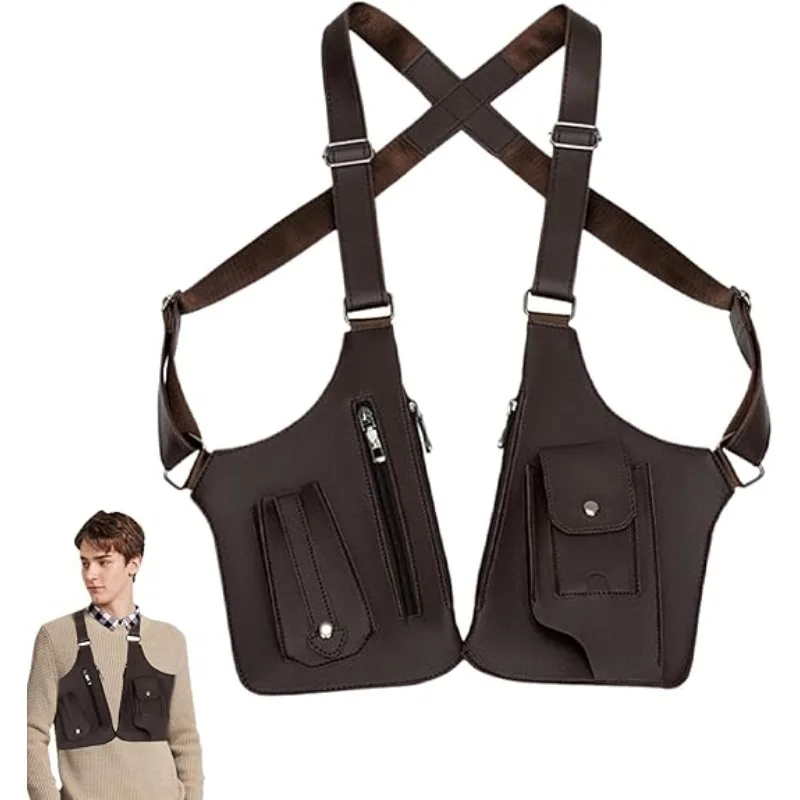 

High Quality Men's Tactical Vest Bag PU Leather Vintage Design Lightweight Chest Bag Phone Pouch Underarm Backpack for Hiking