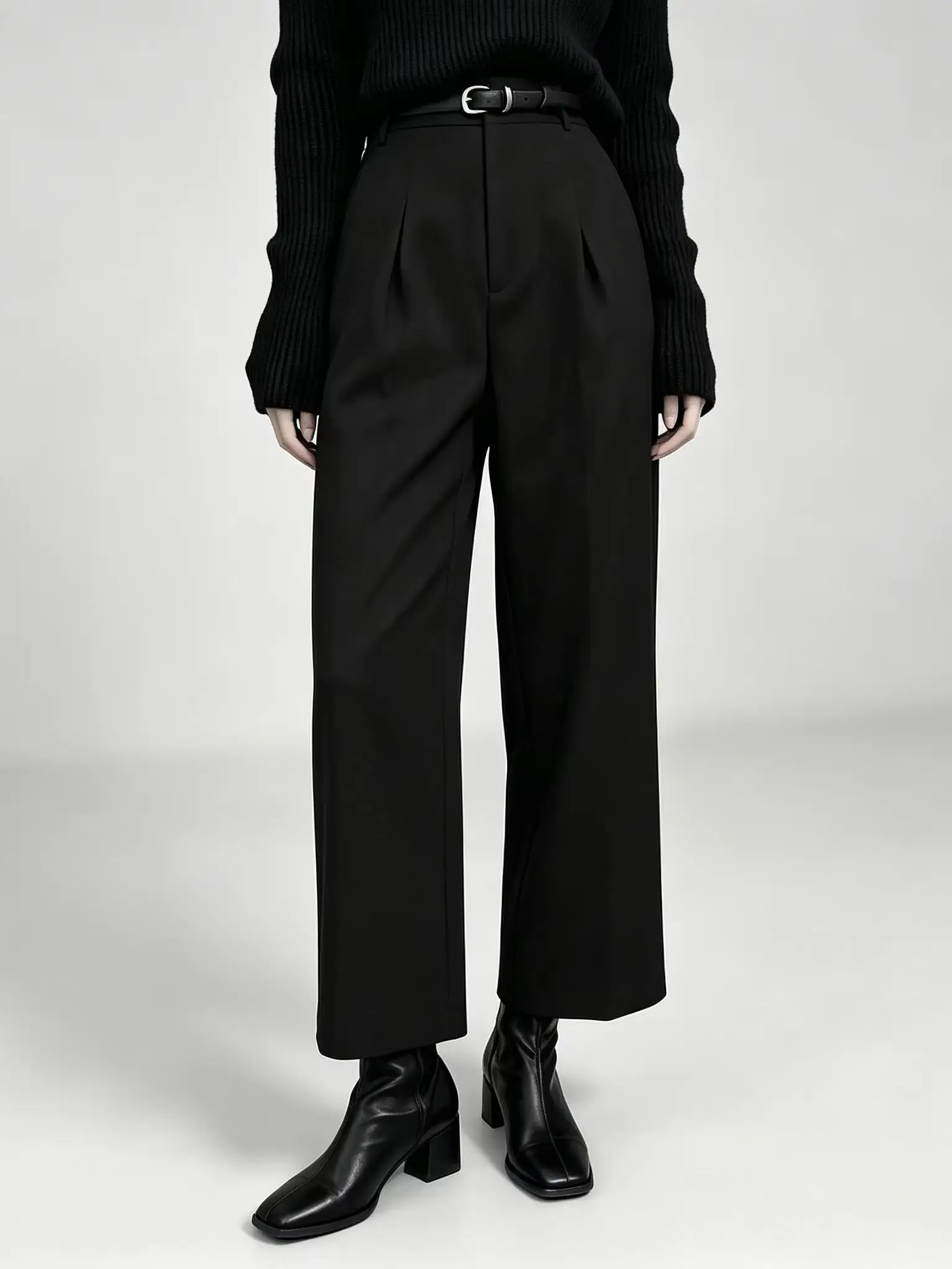 Damen Anzughose in Heather-Grau mit hoher Taille, weitem Bein, Gürtel und knöchellanger Länge für Arbeit, Business und Casual. – Detail 7
