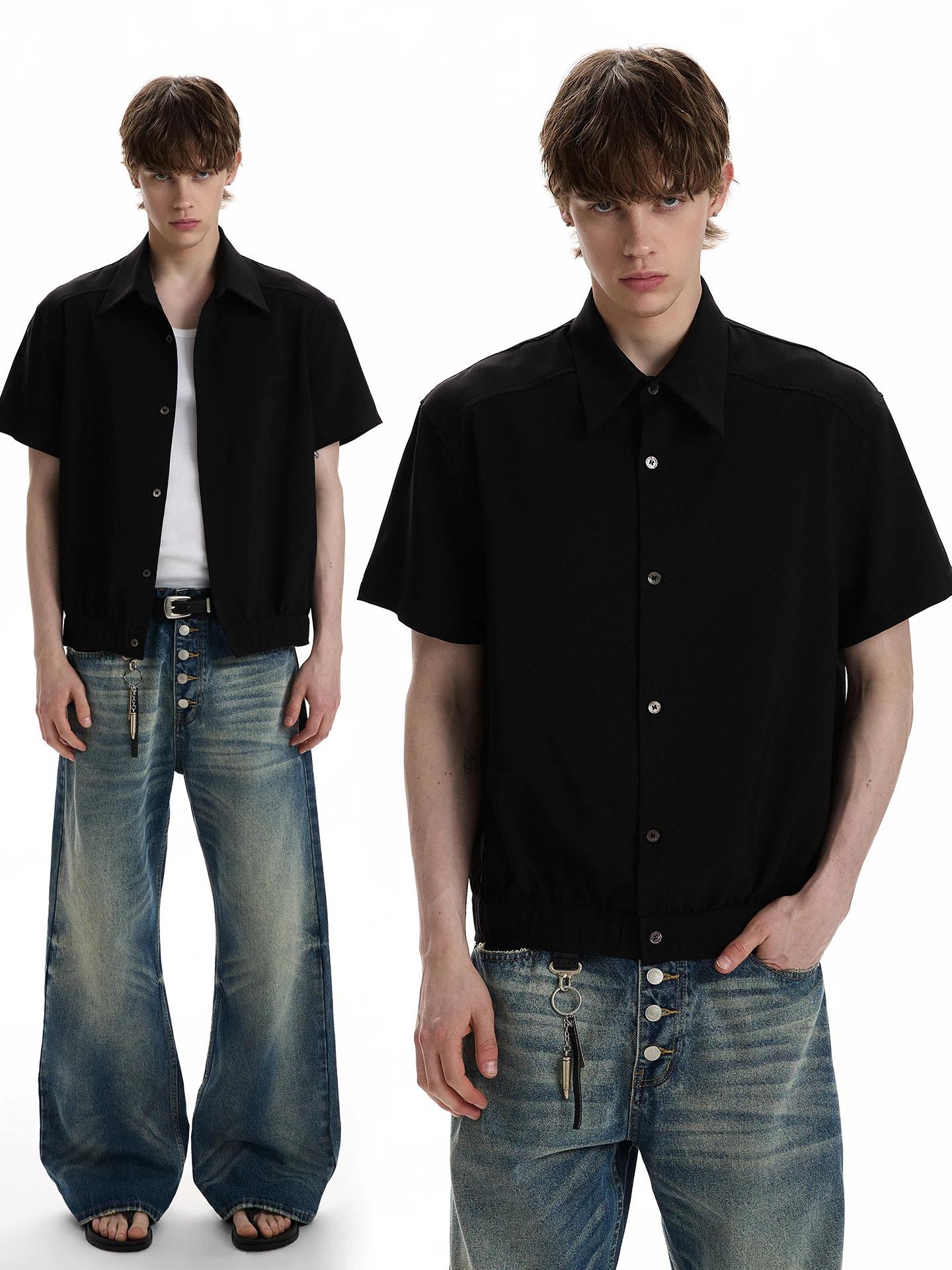 

a PUEE American Retro Shoulder Fit Loose Short Sleeve Shirt Cleanfit Deconstructed Style Breathable Wear Resistant Summer Shirt