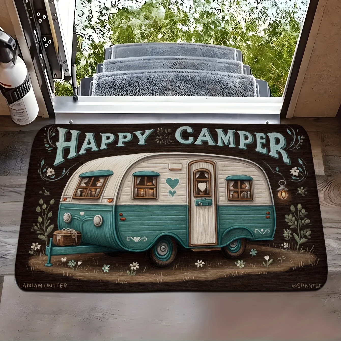 Happy Camper Rug Velvet Flannel Printed Floor Mat Vintage RV Design Decorative Carpet Outdoor Indoor Home Decor