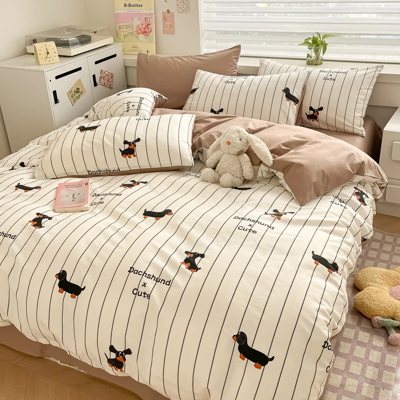 Cartoon Dachshund Dog Cotton Duvet Cover Set Black Stripes Bedding Set Kids Girls Cute Animal Comforter Cover with 2 Pillowcases