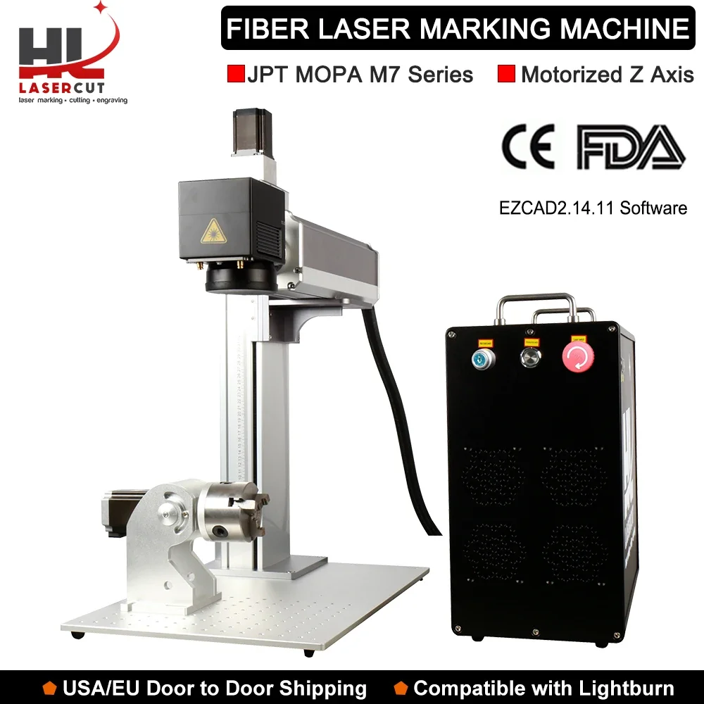 HL Fiber Laser Marking Machine LightBurn Compatible MOPA Laser Engraver with Red Dot Guide for Metal Color Marking D80 Rotary