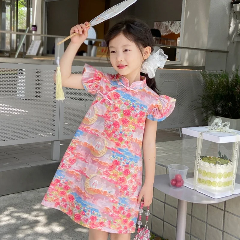 Summer Sweet Girls Printed Princess Dress Children Small Flying Sleeves Chinese Style Cheongsam Dress Baby Pure Cotton Costume