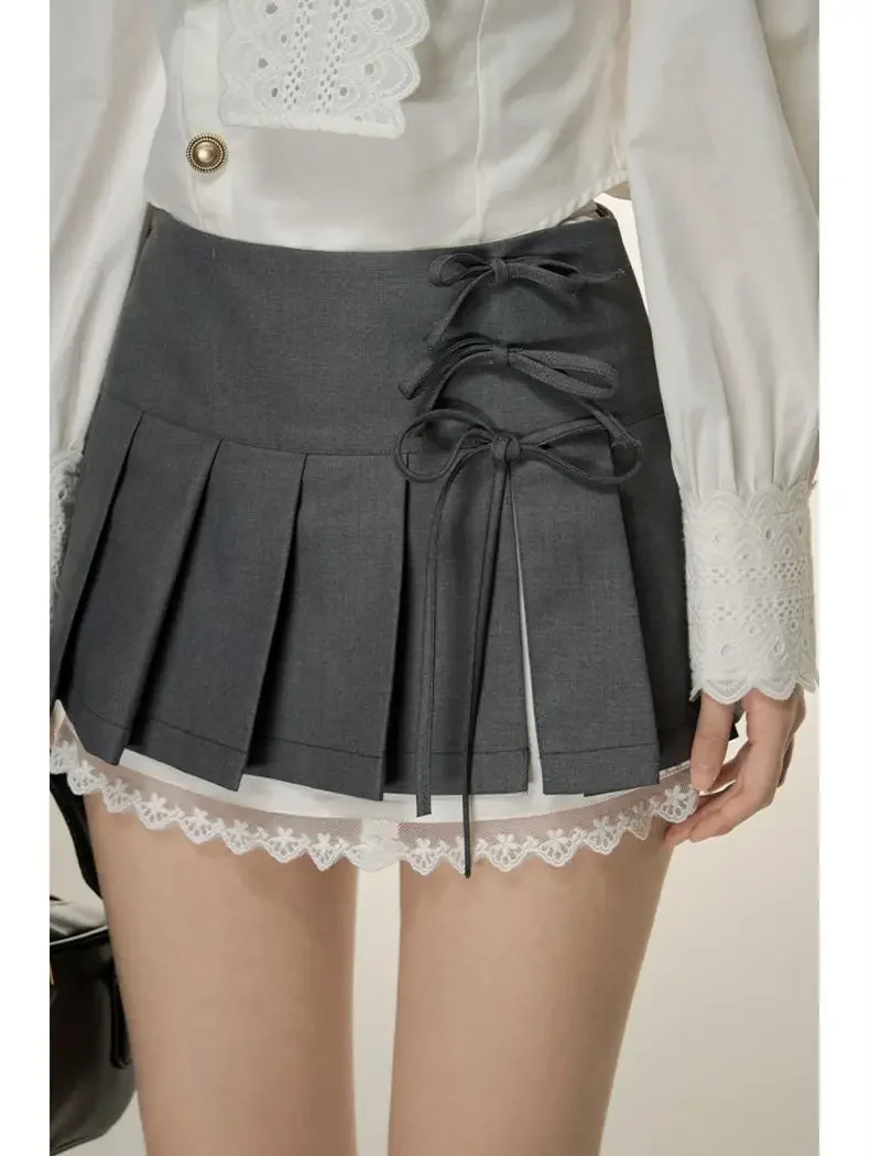 

Soft Gril Summer School Y2k Harajuku Kawaii Mini Skirt Women Japanese Style Solid Skater Sweet Sexy Lace Bow Bandage Party Skirt