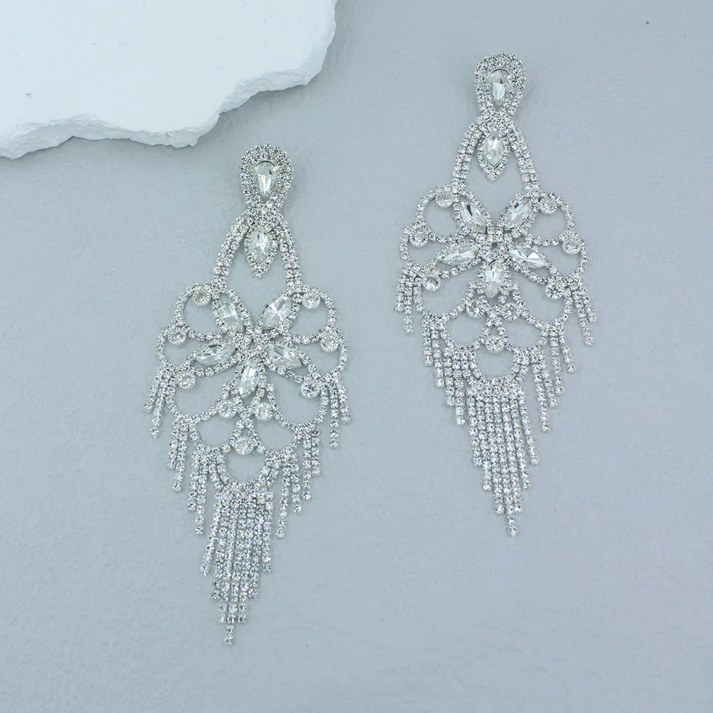 New Fringe Accessories Exaggerated Rhinestone Tassel Earrings Flower Crystal Earrings Long Dangle Earrings Women Fashion Jewelry