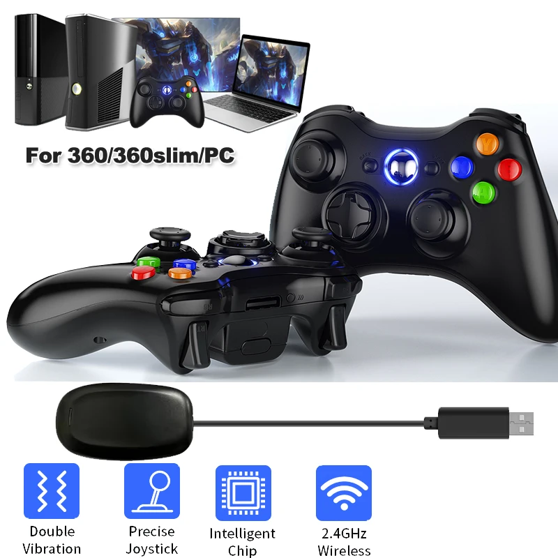 وحدة تحكم لاسلكية 2.4G لوحدة تحكم Xbox 360 مع اهتزاز للوحة ألعاب Xbox 360 النحيفة للكمبيوتر الشخصي WIN 7/8/10 عصا التحكم Joypad