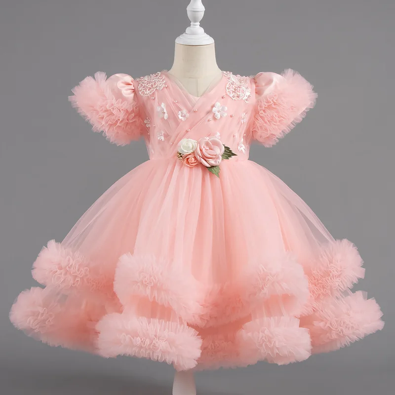 Sweet Cute Baby Girls Flower Lace Ruffles Tulle Princess Dress For Children Wedding Birthday Evening Party Baptism Ball Gown
