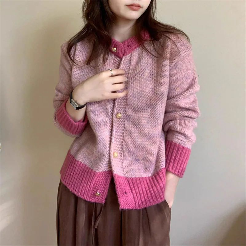 

Knitted cardigan sweater top for women, lazy style small stature contrasting color patchwork short jacket, spring/autumn new