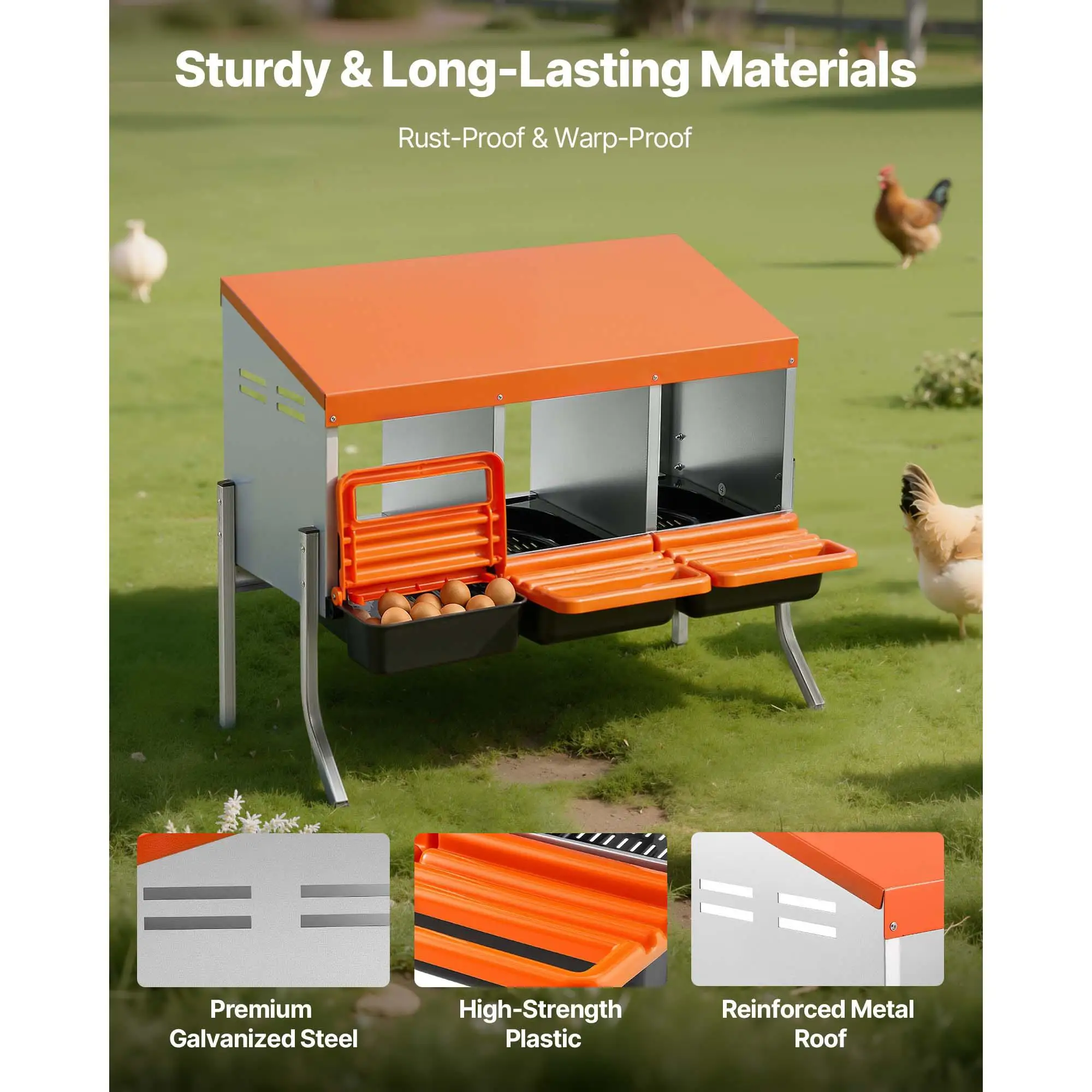 Chicken Nesting Boxes 3 Compartments with Support Legs Easy Egg Collection Galvanized Steel High Strength Plastic Roll Away Nesting Box for Hens Laying Eggs