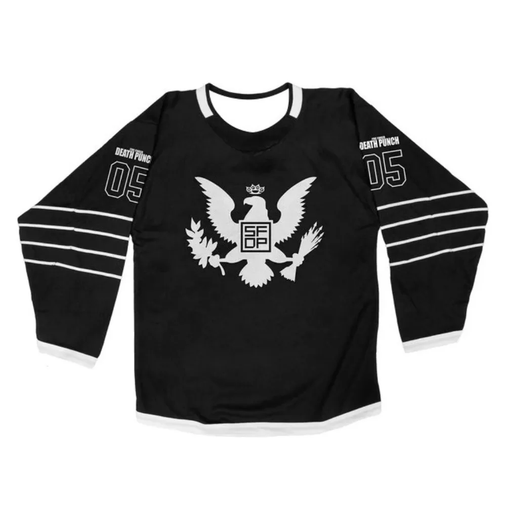 

Hockey Jersey - Black with White Accents "Five Finger Death Punch" Eagle Logo "05" Detail Stylish Design for Hockey Enthusiasts