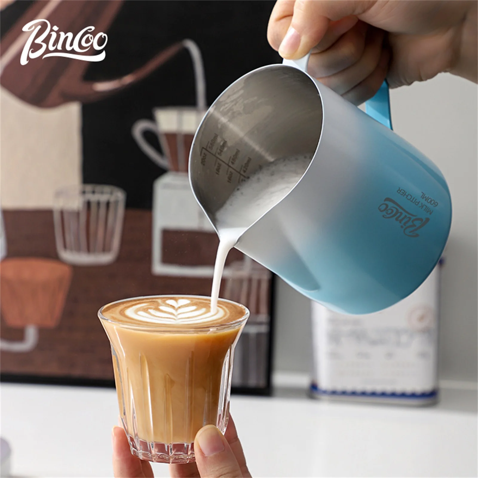 

Bincoo 350ML Milk Frothing Pitcher 304 Stainless Steel Color Gradient with Ergonomic Handle for Easy Latte Art Barista Essential