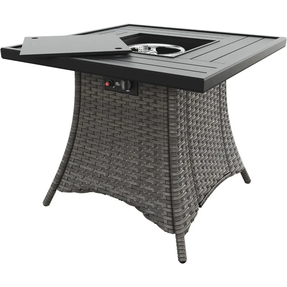 31” Fire Pit Table, Square Black Steel Tabletop and Rattan Wicker Base, 55000 BTU Outdoor Rattan & Wicker Propane Gas Fire Pit