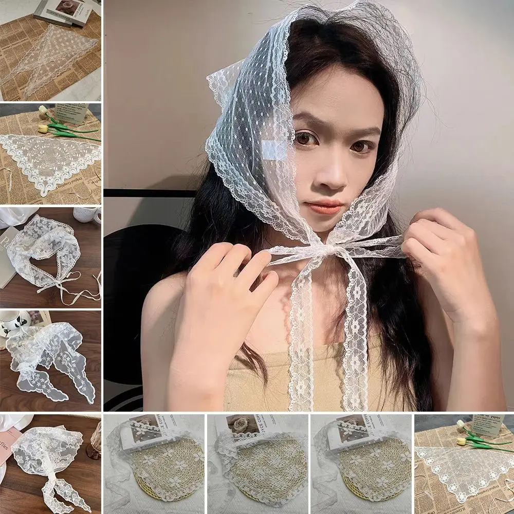 

Embroidered Lace Triangle Headscarf White Hollow-out Hair Scarf Wraps Pastoral Style Woven Floral Hair Band Hair Accessories
