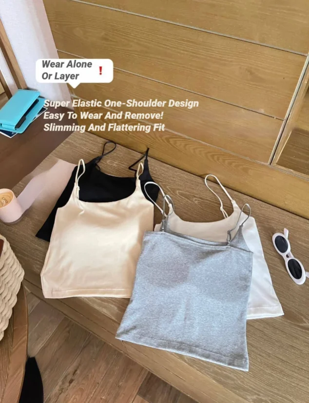 CHUANGERM Damen Einfaches Tanktop, schmal geschnittenes Trägertop, Weste, Oberbekleidung, Unterwäsche mit Brustpolster für Mädchen – Detail 9
