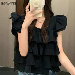 Black Ruffles Blouses Women Kawaii Vintage Flying Sleeve Korean Style Personality Girlish Harajuku Streetwear Daily Summer Tops