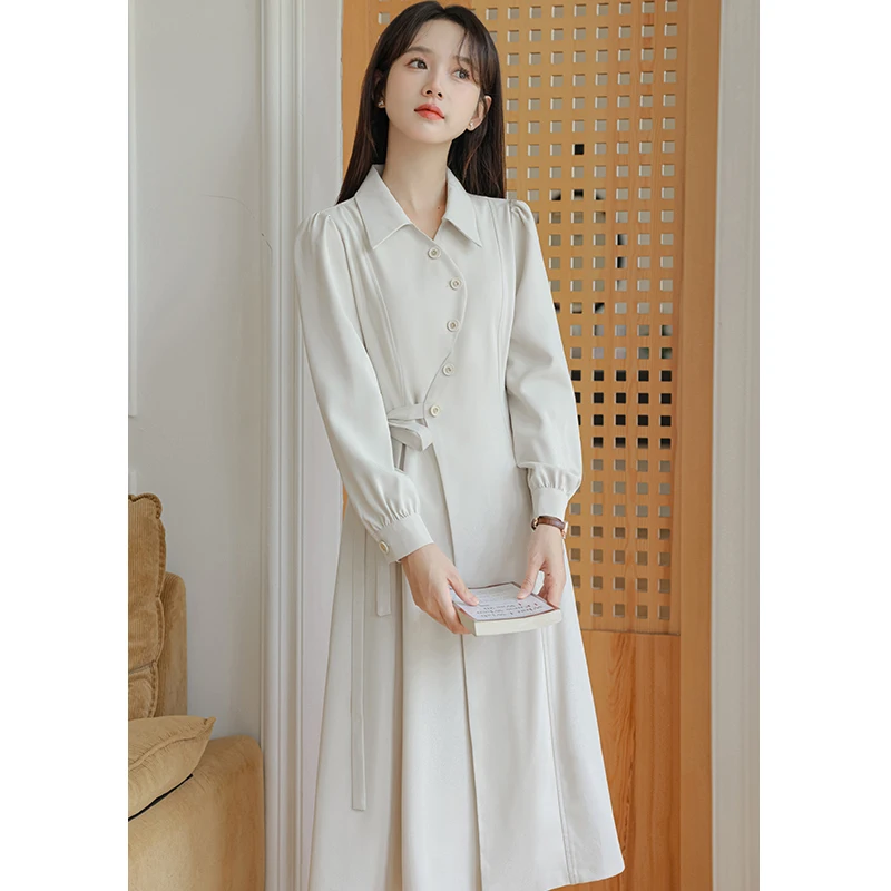 Women Dresses Autumn Simple Turn-down Collar A-line Mid-waist Long Sleeve Office Lady Solid Color Daily Casual Female Dresses