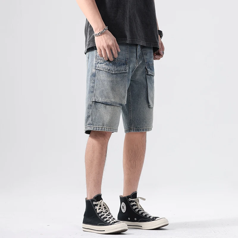 Celana Pendek Bermuda Lurus Longgar Gaya Jepang untuk Pria Pakaian Kerja Kasual Musim Semi/Musim Panas Jeans Denim Trendi Pakaian Jalanan Ukuran Besar 40 42