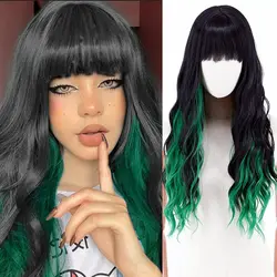 24 Inch Synthetic Long Black and Green Wig With Bangs  for  White Women Natural Wavy Wig Heat Resistant  for Daily Party Use