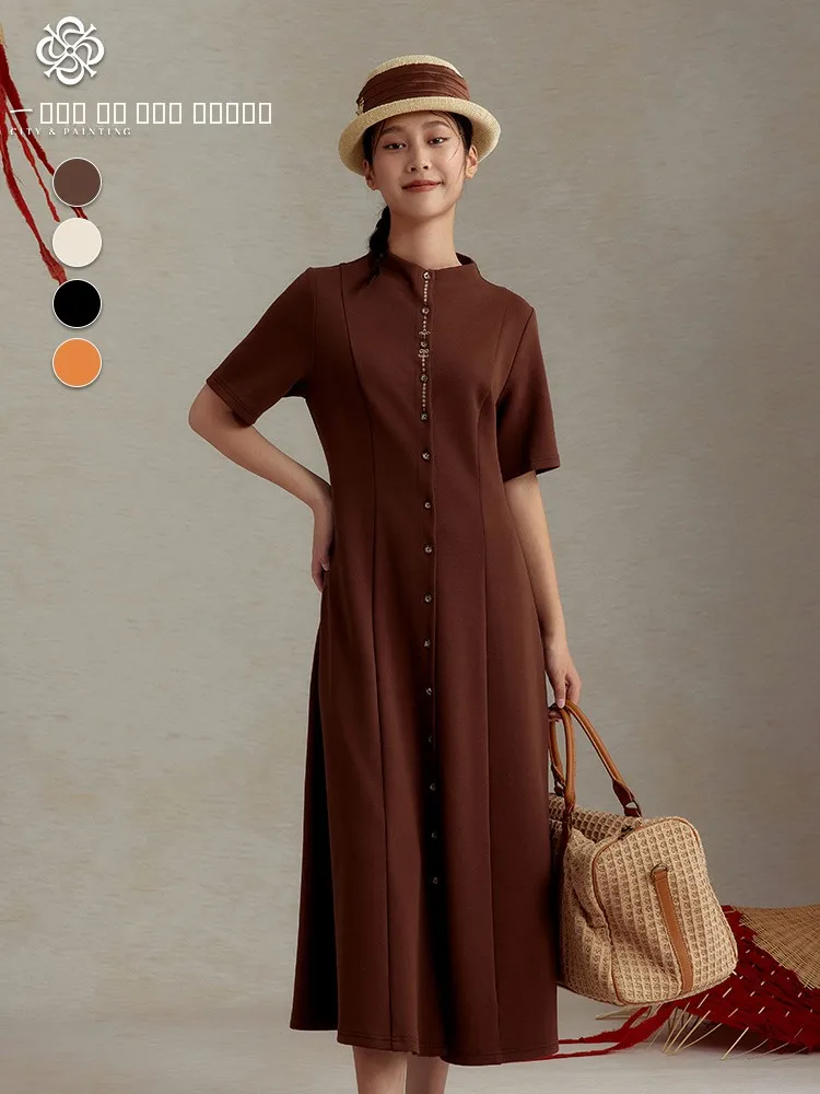 

Ele Simple Sle Pure Color ort Sve Knee-Length Long Dr Slimming Faionable Cotton Dr for Women