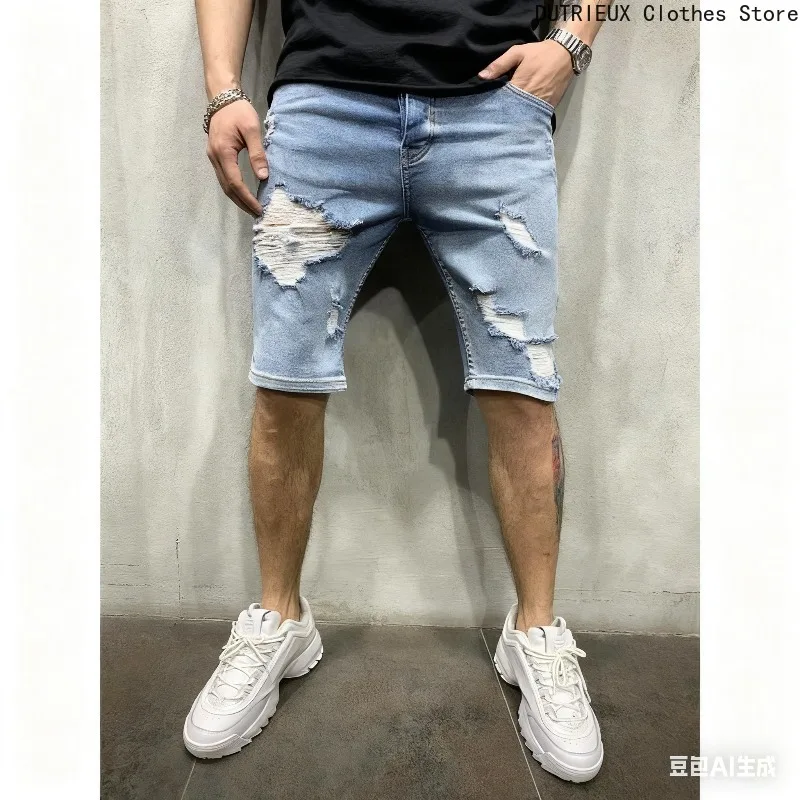 

Модные перфорированные джинсы в уличном стиле, летние мужские винтажные рваные джинсовые шорты, повседневные универсальные брюки средней длины больших размеров