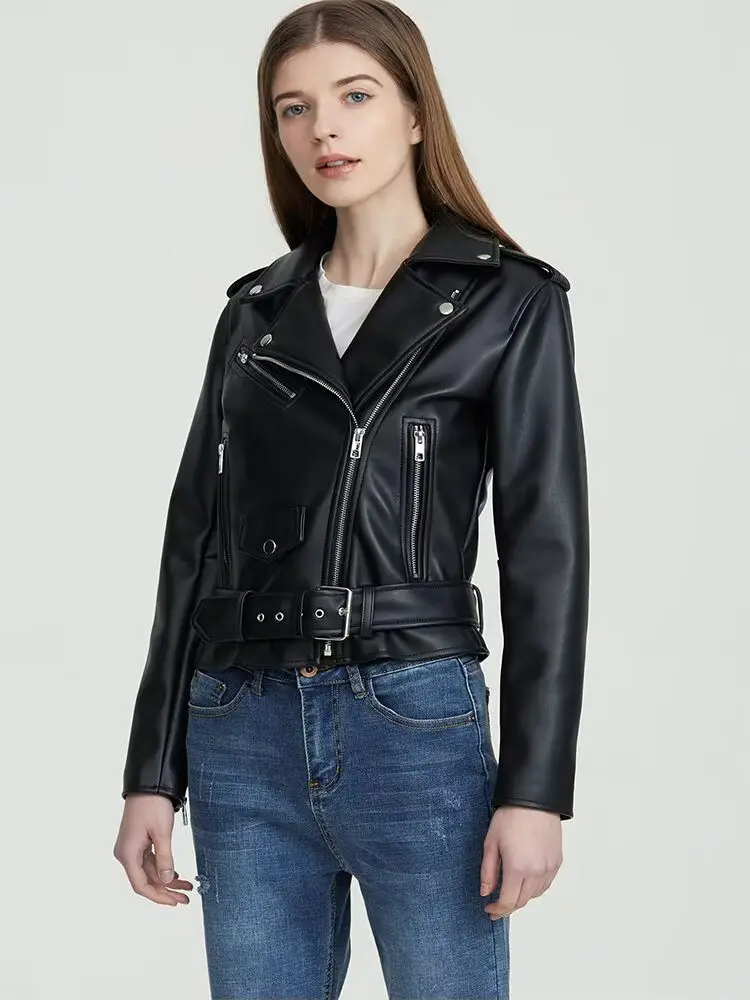 

Повседневное байкерское джето с воротником-молнией, осенне-зимнее женское мотоциклетное кожаное пальто с высокой талией и поясом