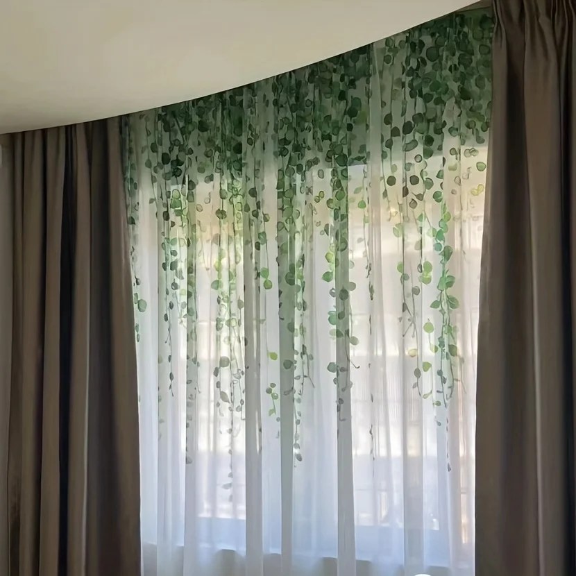 2pcs Elegant Vine Print Yarn Curtain for Bedroom, Office, Kitchen, Living Room Enhance Your Space with Natural Beauty Home Decor