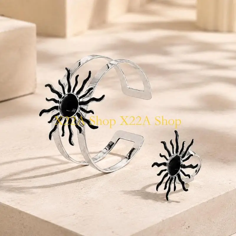 Unique Statement Bracelet and Ring Set with Open Sun Design for Easy Styling