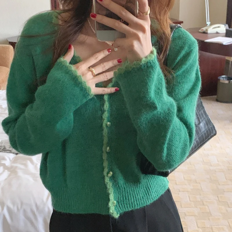 

Clothing Winter Cardigan Feminino Thick Knitwear 2022 Knitted Vintage Solid Green Autumn Sweater Women Coat Top Cardigans Korean