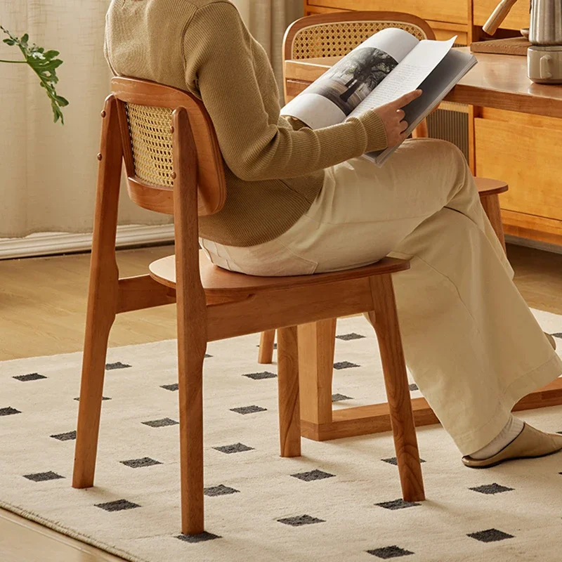 Solid Wood Dining Chairs For Home Dining Casual And Simple Commercial Use Retro Rattan Woven Backrest Stool