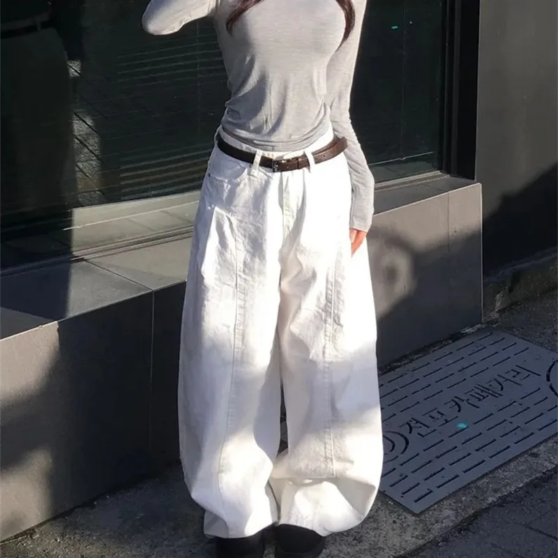 

Корейские свободные джинсы однотонного цвета с высокой талией, прямые плиссированные джинсы длиной до пола, повседневные удобные неэластичные джинсы