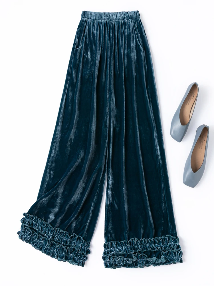 Pantalon drapé en velours de soie de mûrier naturelle, Double couche, bord champignon, ourlet, deux poches latérales, pantalon à jambes droites à la mode, 30%