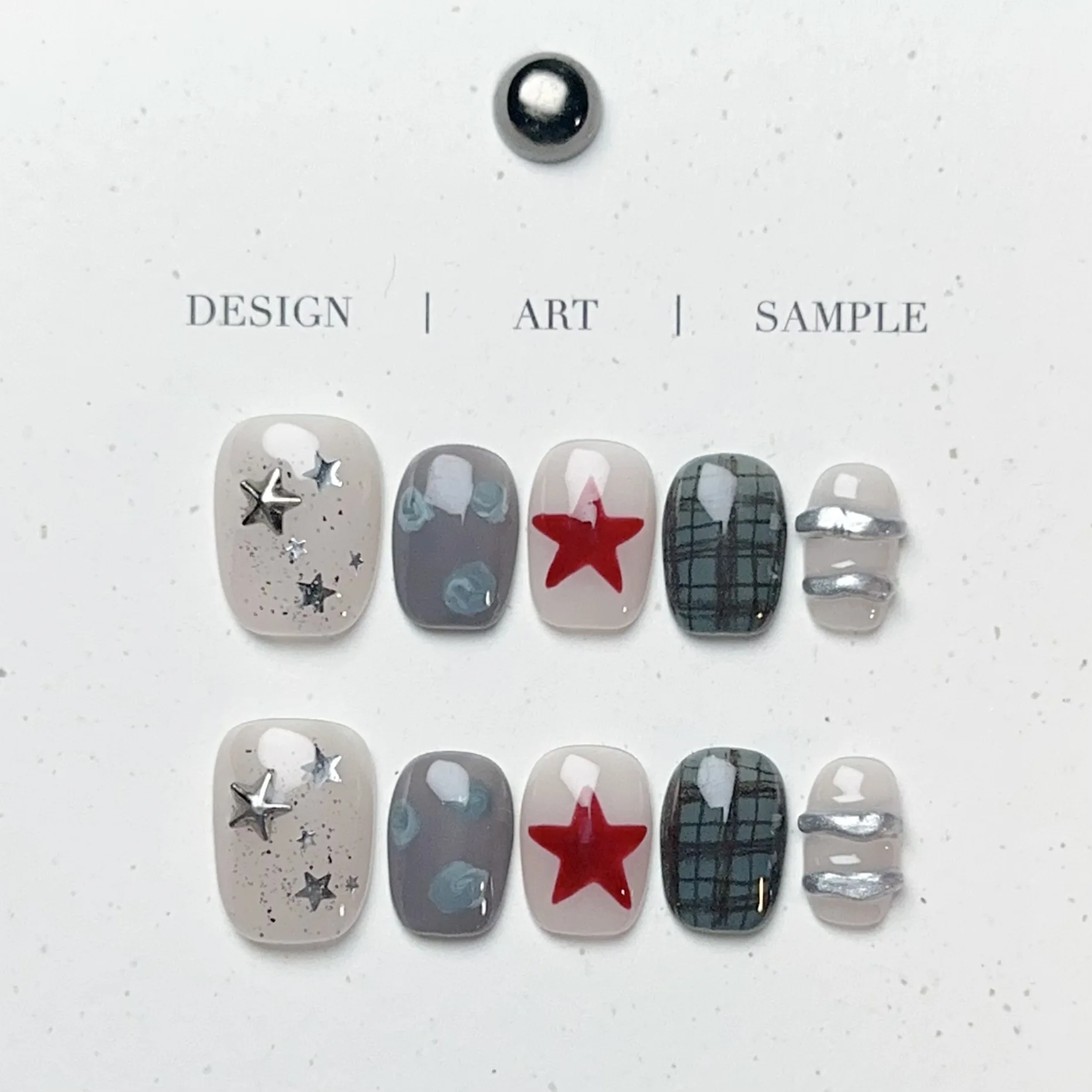 

10pcs Handmade Press on Nails Five-Pointed Star Hand-Painted Grid Full Coverage Nail for Women&Girl Removable Wearable Fake Nail