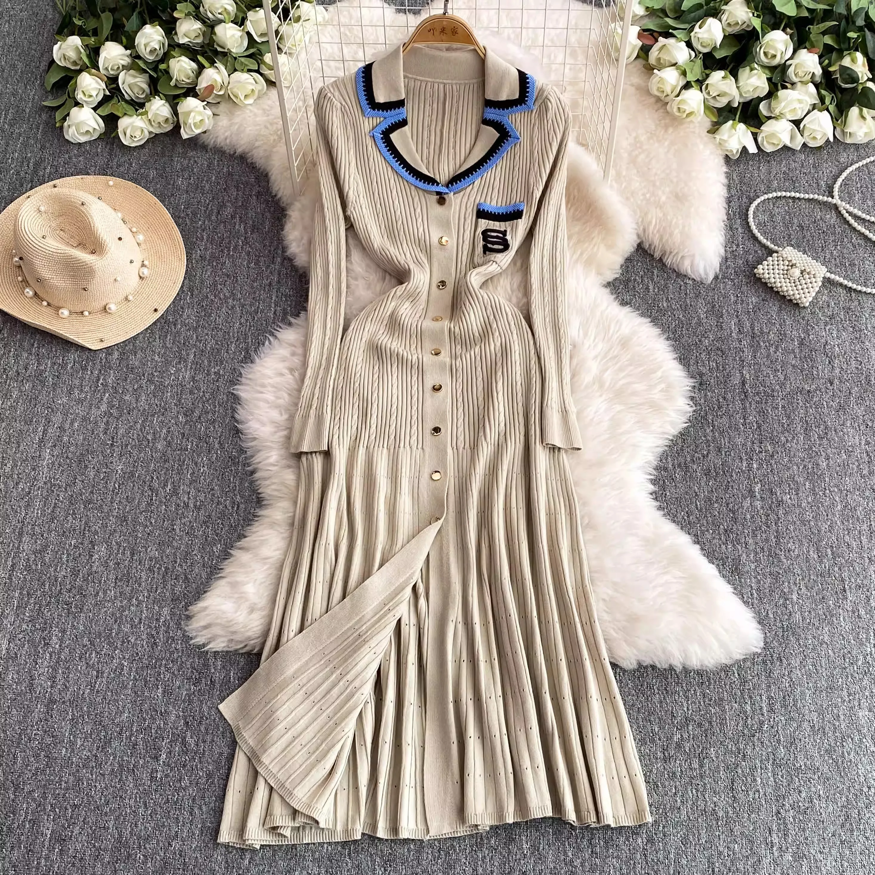 YuooMuoo-Vestido de manga larga de punto para mujer, maxivestido de marca a la moda con muescas, elegante, para oficina, Otoño e Invierno