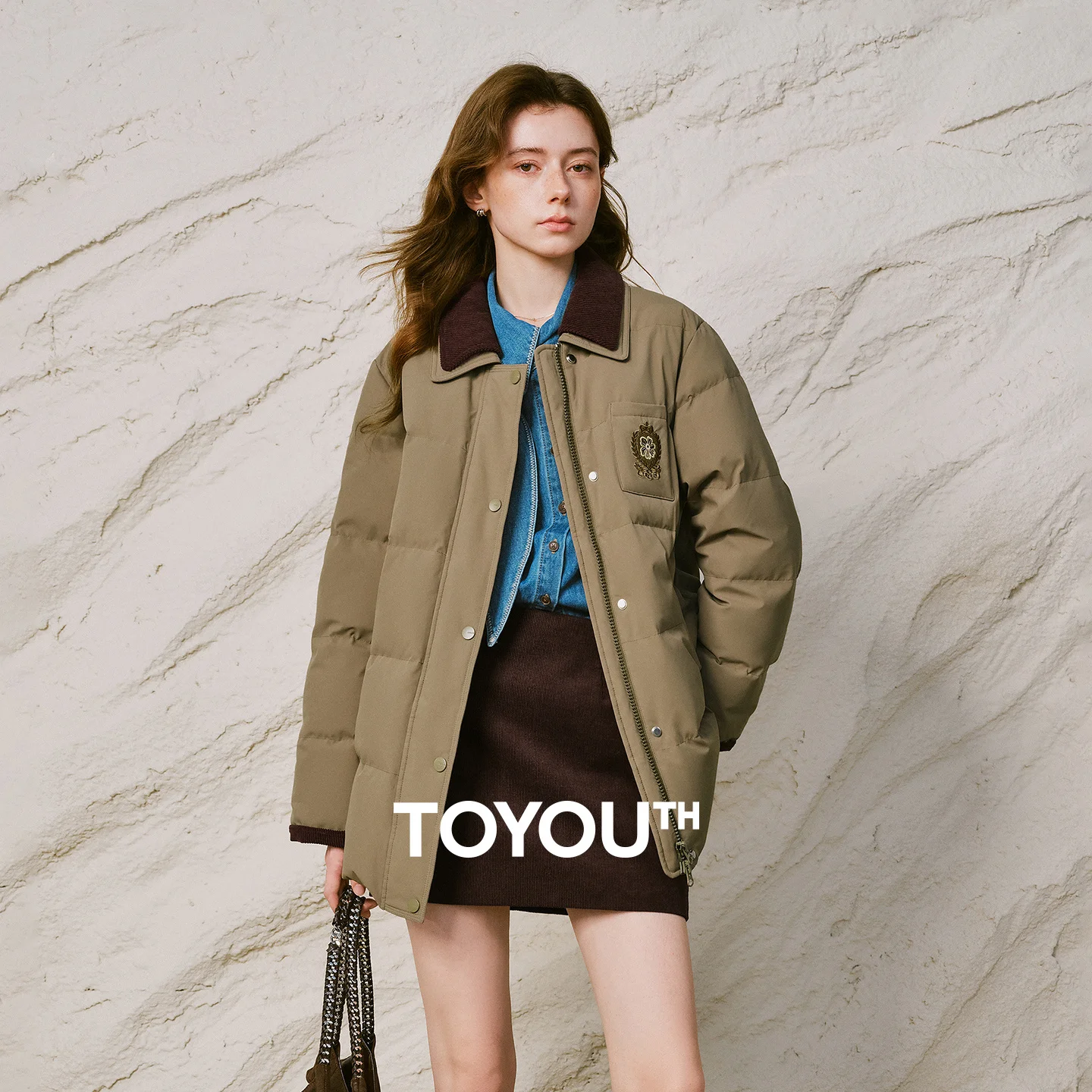 TOYOUTH Women Down Jacket 2026 Winter New Barn Style Fluoride Free Waterproof Corduroy Spliced Embroidery Warm Outerwear