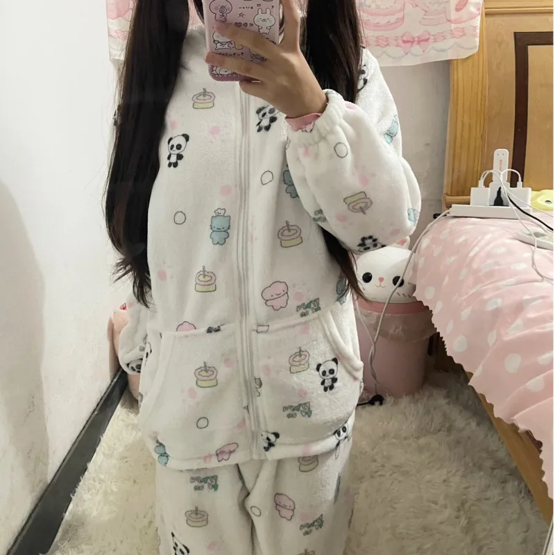 Winter Cute Panda Zip Up Pajamas 2000s Girls Home Clothes Women New In Matching Pyjamas Sets Kawaii Cartoon Pijamas Femmes 90s