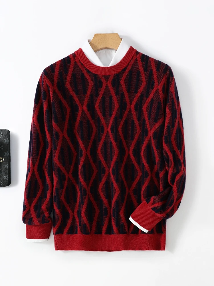 New 100% Merino Wool Pullover For Men O-neck Knit Sweater Diamond patterned Long Sleeves Cashmere Autumn Winter Leisure Clothing