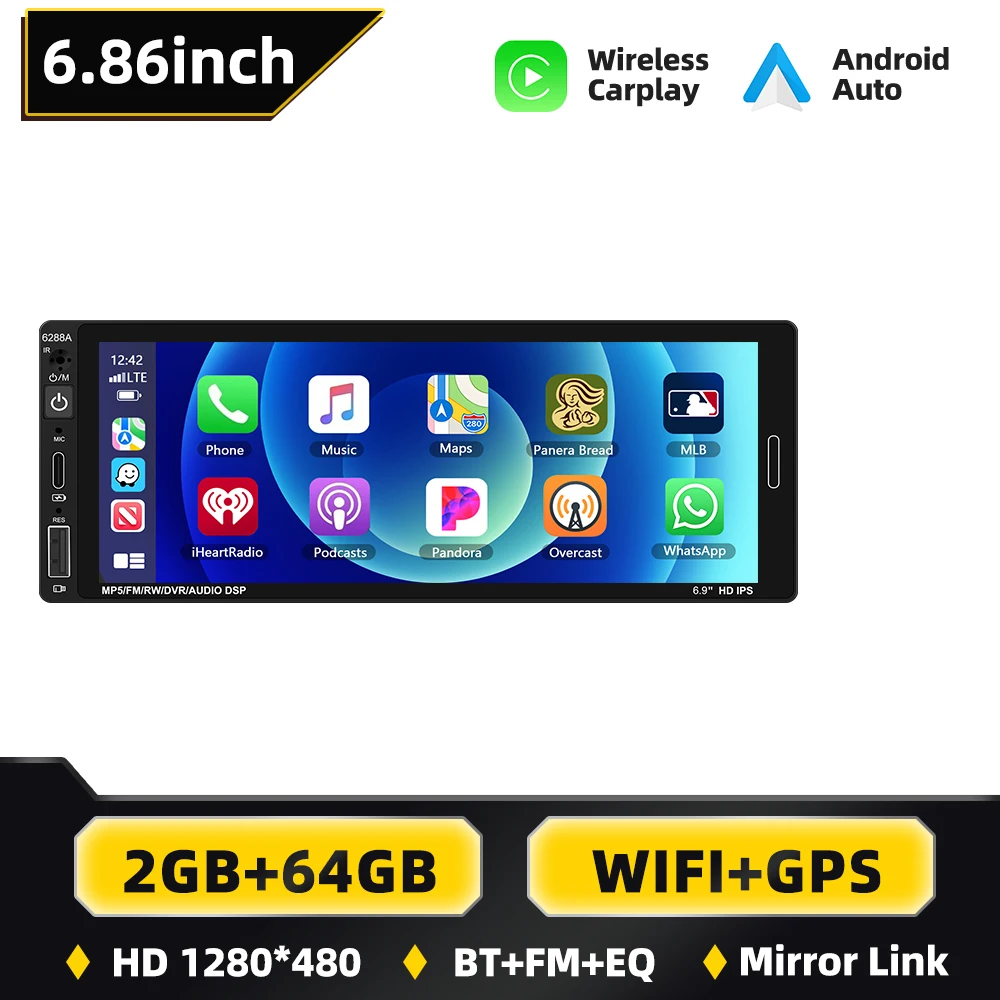 Podofo 2+64G Android 1 Din autoradio met Carplay, Android Auto, Bluetooth, WIFI, GPS, multimediaspeler en FM-ontvanger