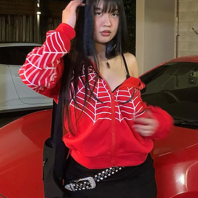 2000s Red Spider Web Print Oversized Sweatshirt Gothic Harajuku Zipper Jacket Clothes Punk Winter Woman Hoodie Couple Outfit