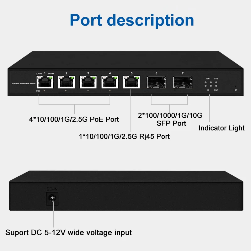 5 puertos RJ45 L2 Web gestionados 1/2.5Gps PoE con 2*10G SFP + puertos de enlace ascendente ranura 65W IEEE802.3af/at para cámara WiFi AP POE