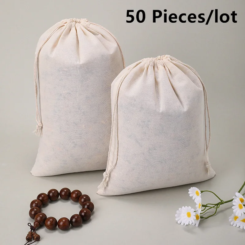 

50 шт. хлопковых мешочков на шнурке для хранения, однотонные, 8x10/10x12/10x15 см, для упаковки подарков на вечеринки