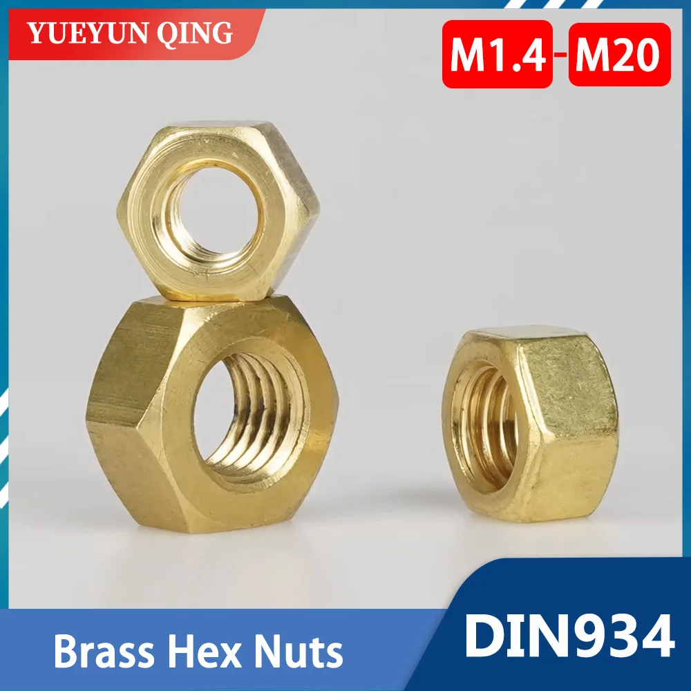 DIN934 Metric Threaded Brass Hex Nut M1.4 M2 M3 M4 M5 M6 M8 M10 M12 M14 M16 M20 Hexagonal Solid Brass Nuts For Bolt Screws