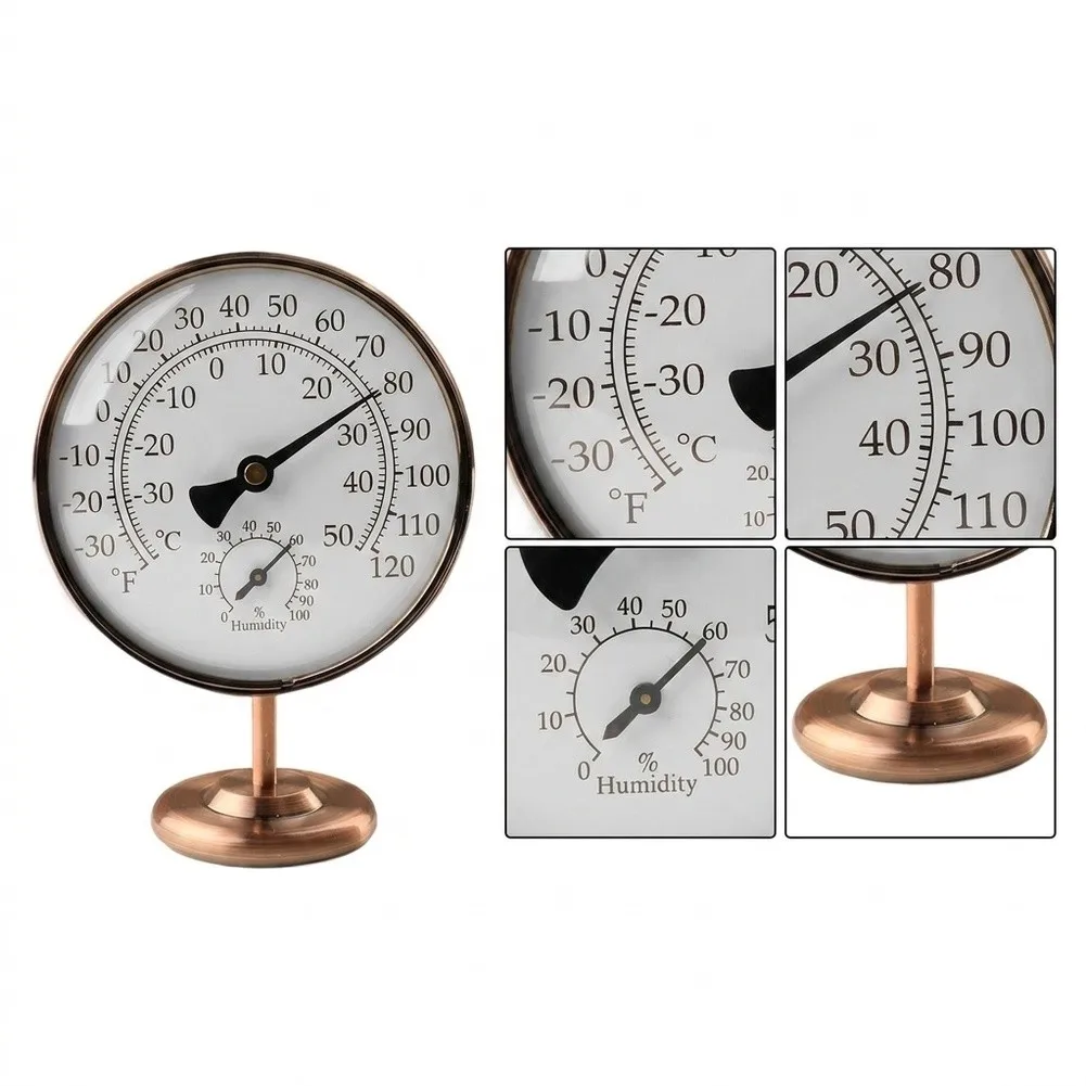 Dual Scale Analog Thermometer Hygrometer with Brass Shell and Stand for Indoor Temperature and Humidity Measurement