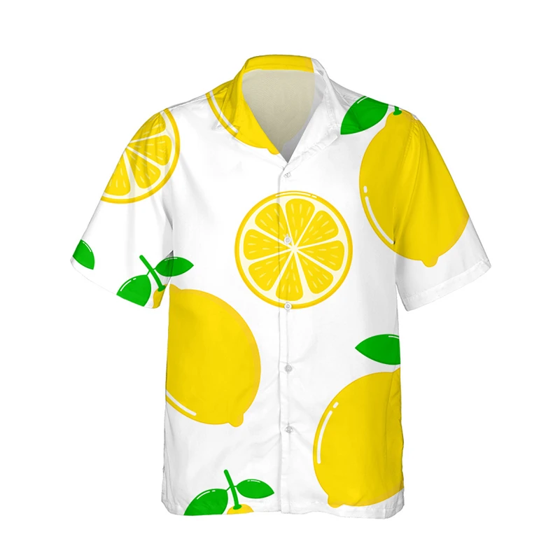 Camisas hawaianas con patrón de frutas para hombre, Camisas con estampado 3d de limón, blusas de moda, Camisas casuales de playa, camisa de solapa de vacaciones de verano