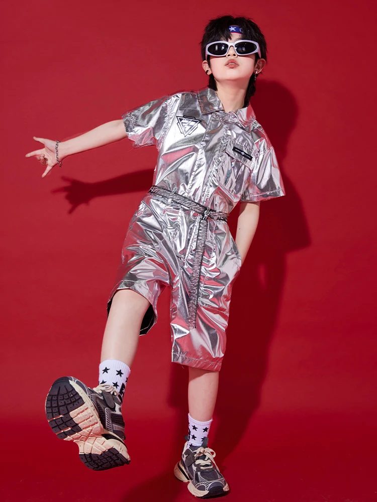 2024 New Sliver Jumpsuit Jazz Modern Dance Costumes For Girls Street Dance Wear Boys Hip Hop Dance Performance Clothes DQS16190