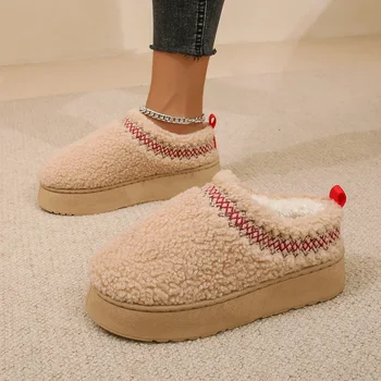Nieuwe Warme Bont Enkellaarsjes Vrouwen Flats Platform Slippers Pluche Slippers Winter Katoenen Schoenen voor Vrouwen Brand Design Sneeuw Botas