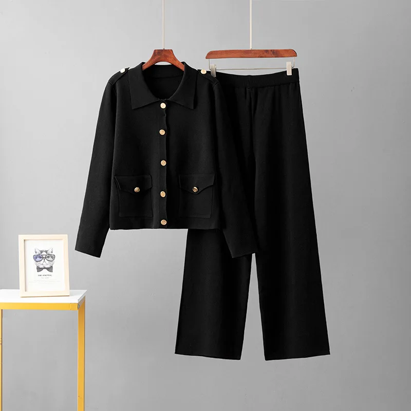 สไตล์เกาหลีฤดูใบไม้ผลิใหม่ผู้หญิงถักเสื้อกางเกงขากว้าง 2 ชิ้นชุดแฟชั่นเสื้อสเวตเตอร์ถักชุดเดินทางสบายๆ