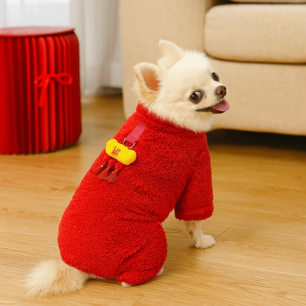 

Thicken Dog New Year Costumes Lion Dance Soft Dog Jumpsuit Double-sided Velvet with Traction Ring Pet Four Legged Clothing