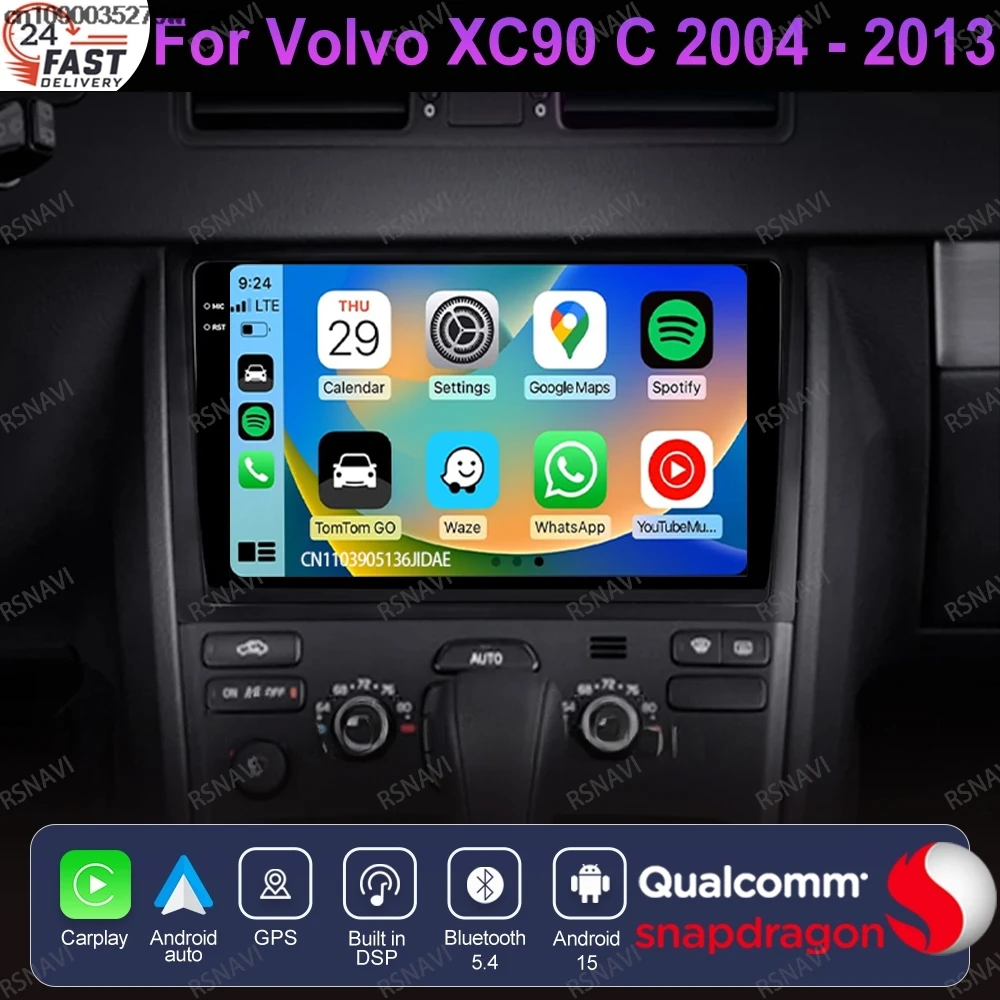 Android 15 para Volvo XC90 C 2004 - 2013 BT estéreo DSP DVD navegación GPS 4G LTE unidad principal Multimedia Qualcomm 5G WIFI QLED AUTO