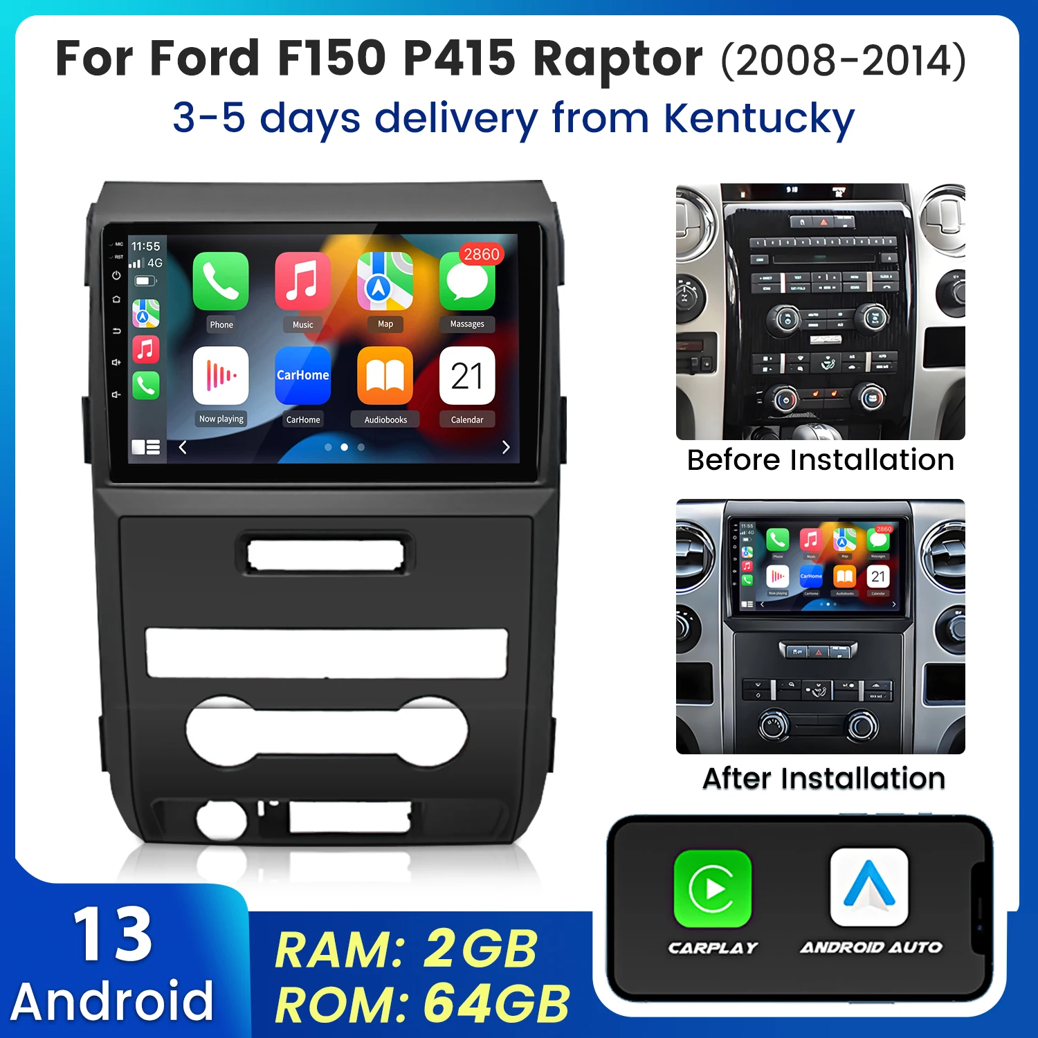 

Junsun Wireless CarPlay Android Auto for Apple Autoradio for Ford F150 P415 Raptor 2008-2014 Car Radio Stereo Multimedia GPS