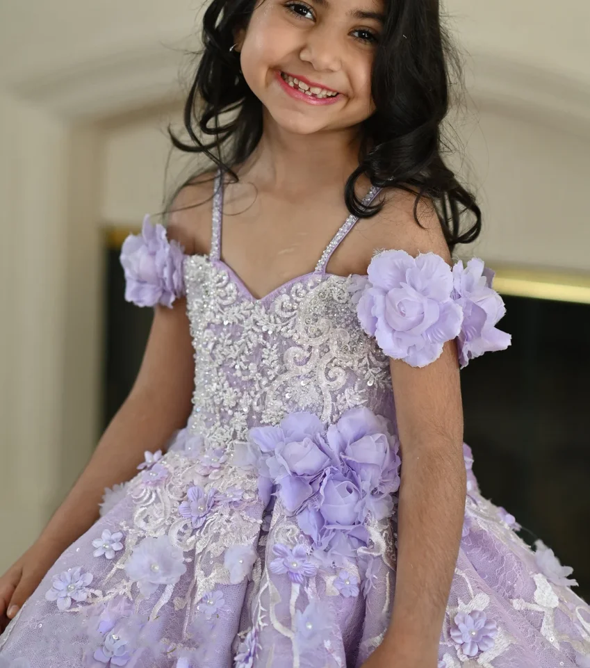 New Lavender Couture Flower Girl Dress for Wedding Pink Lace Appliqued Party Princess Birthday Gown Holy First Communion Dress